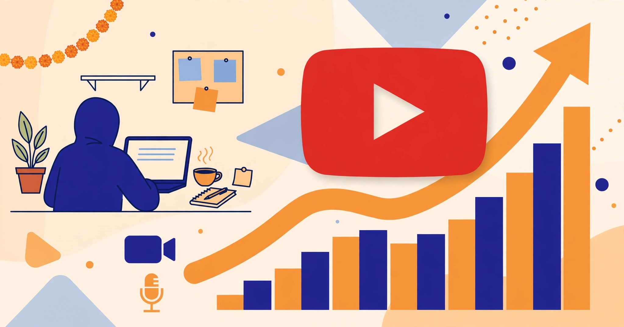 Illustration of a YouTube creator desk with a play button and rising growth chart, representing starting a YouTube channel in India