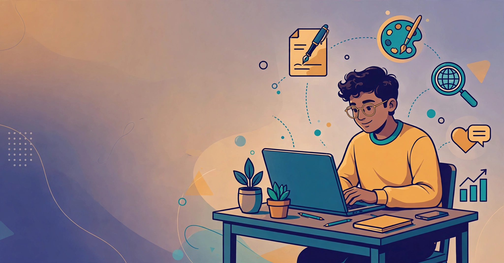 Illustration of a young Indian student using AI tools for digital marketing tasks like writing, design and SEO