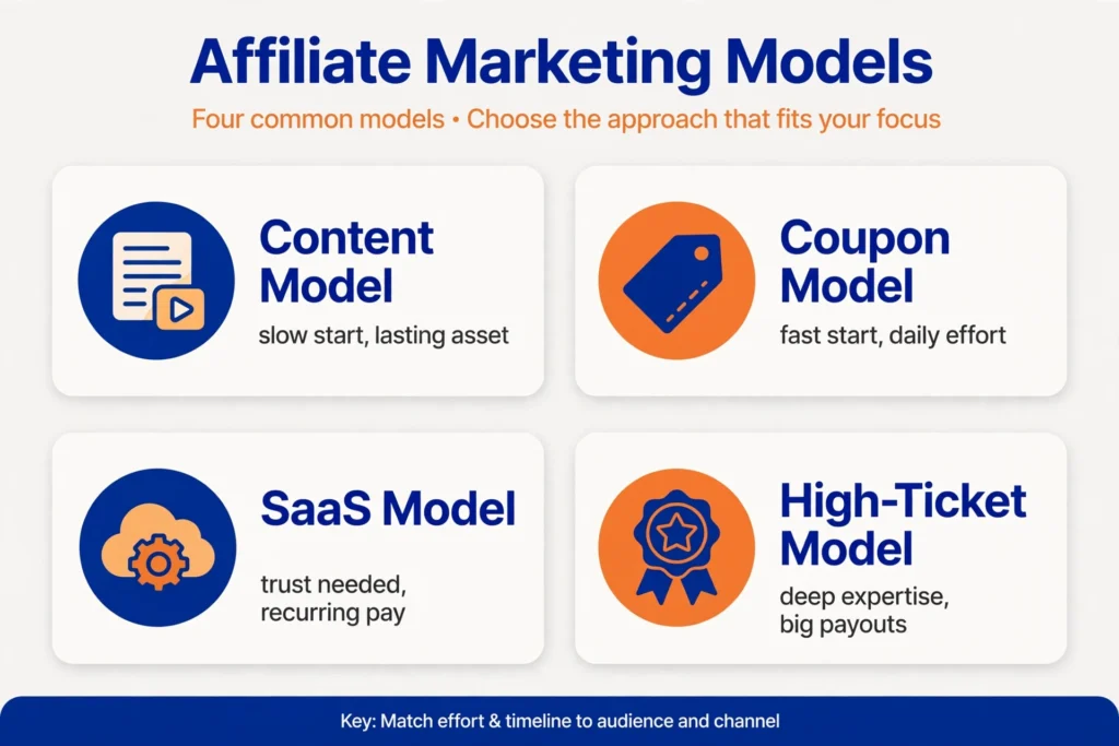 Four affiliate marketing models - content, coupon, SaaS and high-ticket - with honest effort notes