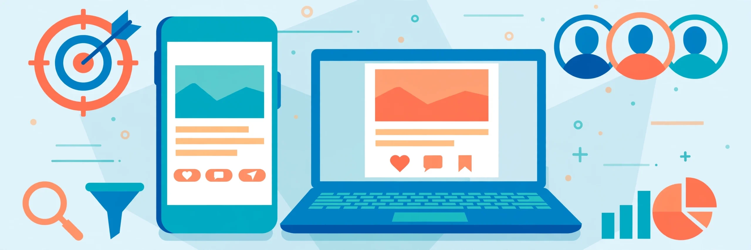 Flat illustration of a smartphone and laptop showing social media ads with targeting icons, for a beginner's guide to Meta ads.
