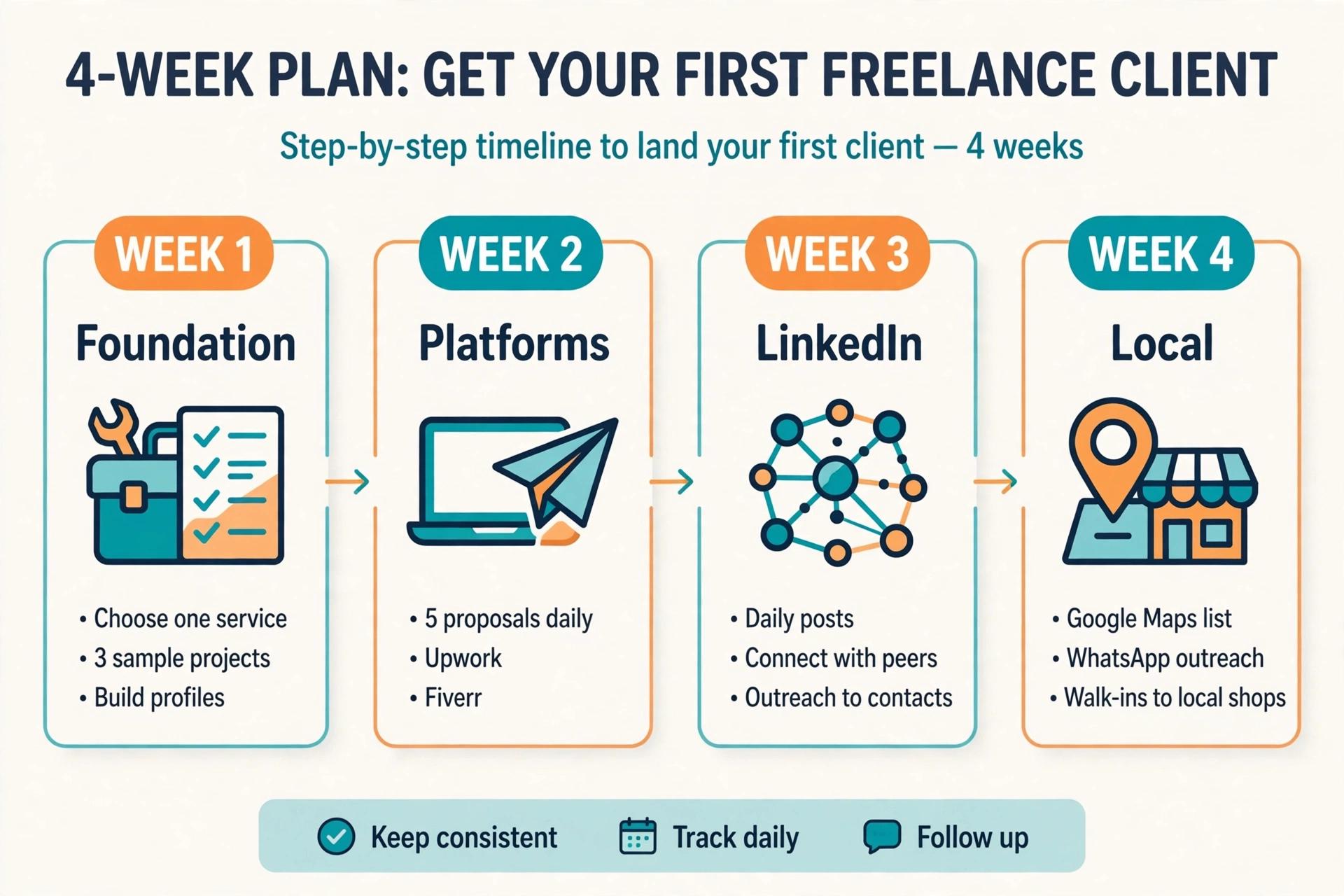 4-week timeline infographic - Foundation, Platforms, LinkedIn, Local phases to get the first freelance client