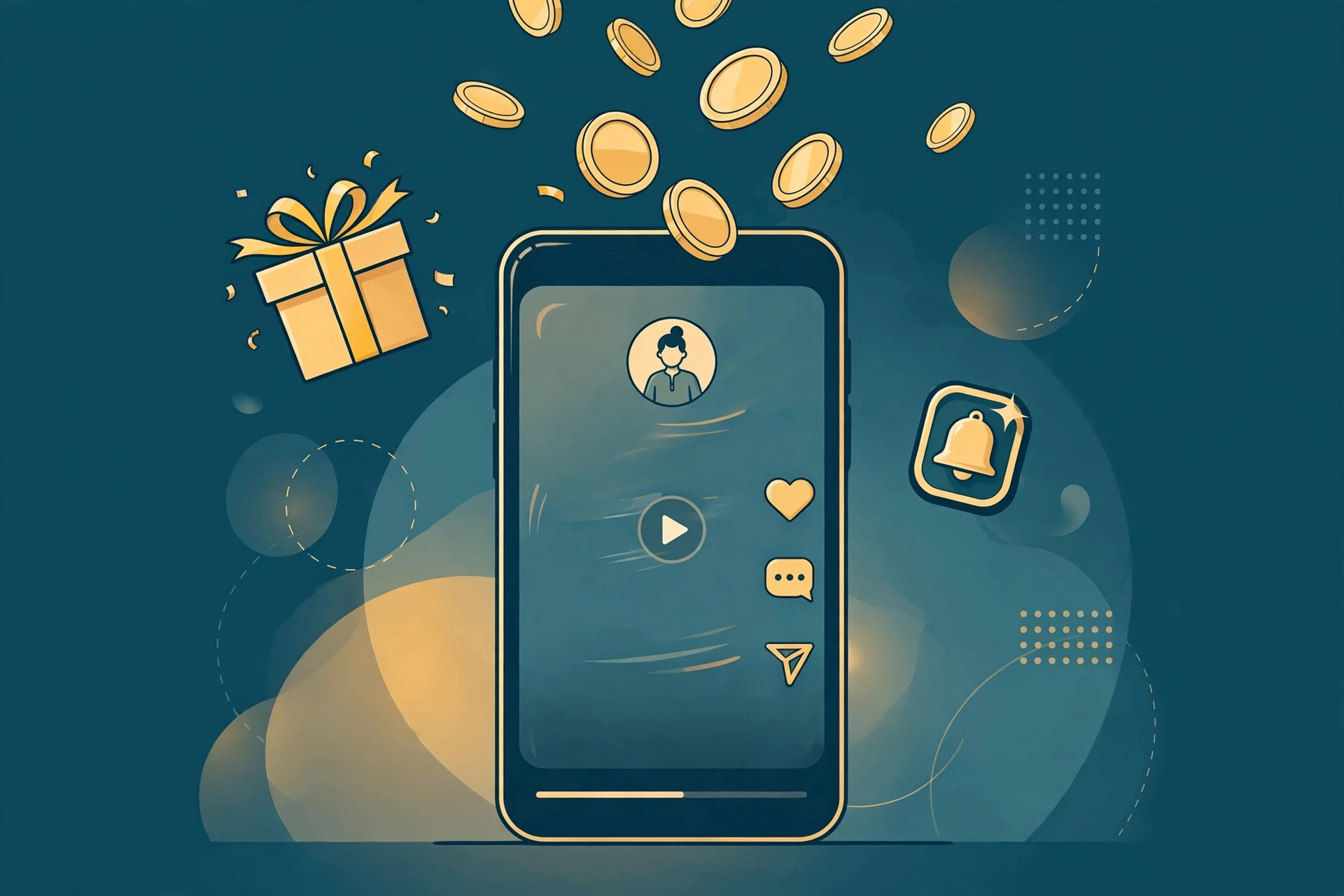 Concept illustration of earning money from Instagram in India: smartphone with gift box, subscription badge and gold coins in teal and gold