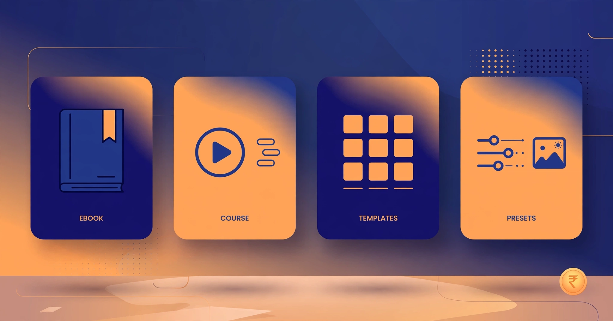 Flat illustration of digital product formats for sale in India: ebook, online course, design templates and photo presets cards in navy blue and orange with a rupee coin