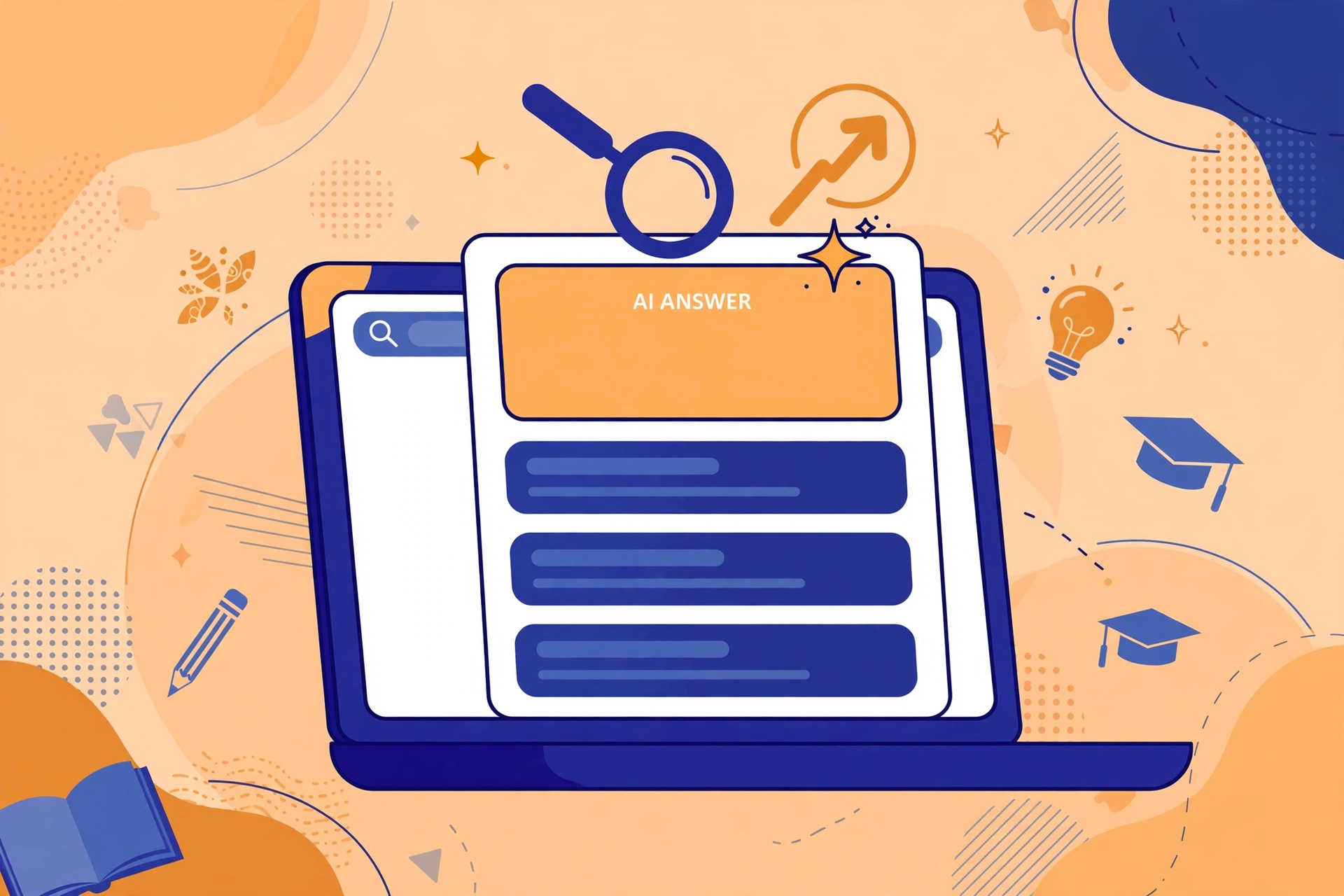 Flat illustration: laptop screen par AI answer card, magnifying glass aur rising arrow - Google AI Overviews me rank karne ki Hindi guide ke liye