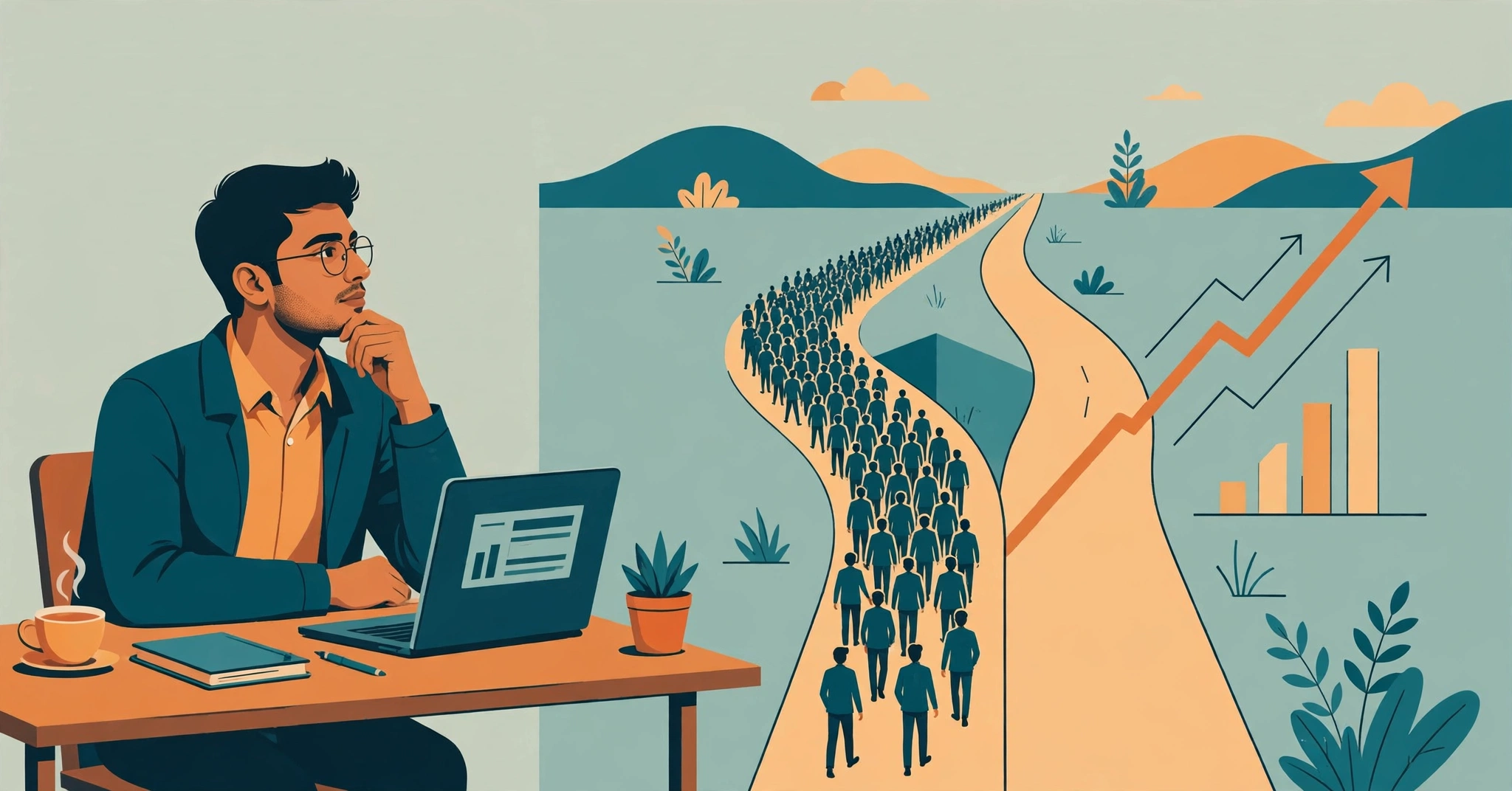 Flat vector illustration of a young Indian professional at a laptop looking at a fork in the road: one crowded lane full of identical figures and one open lane with a rising growth chart