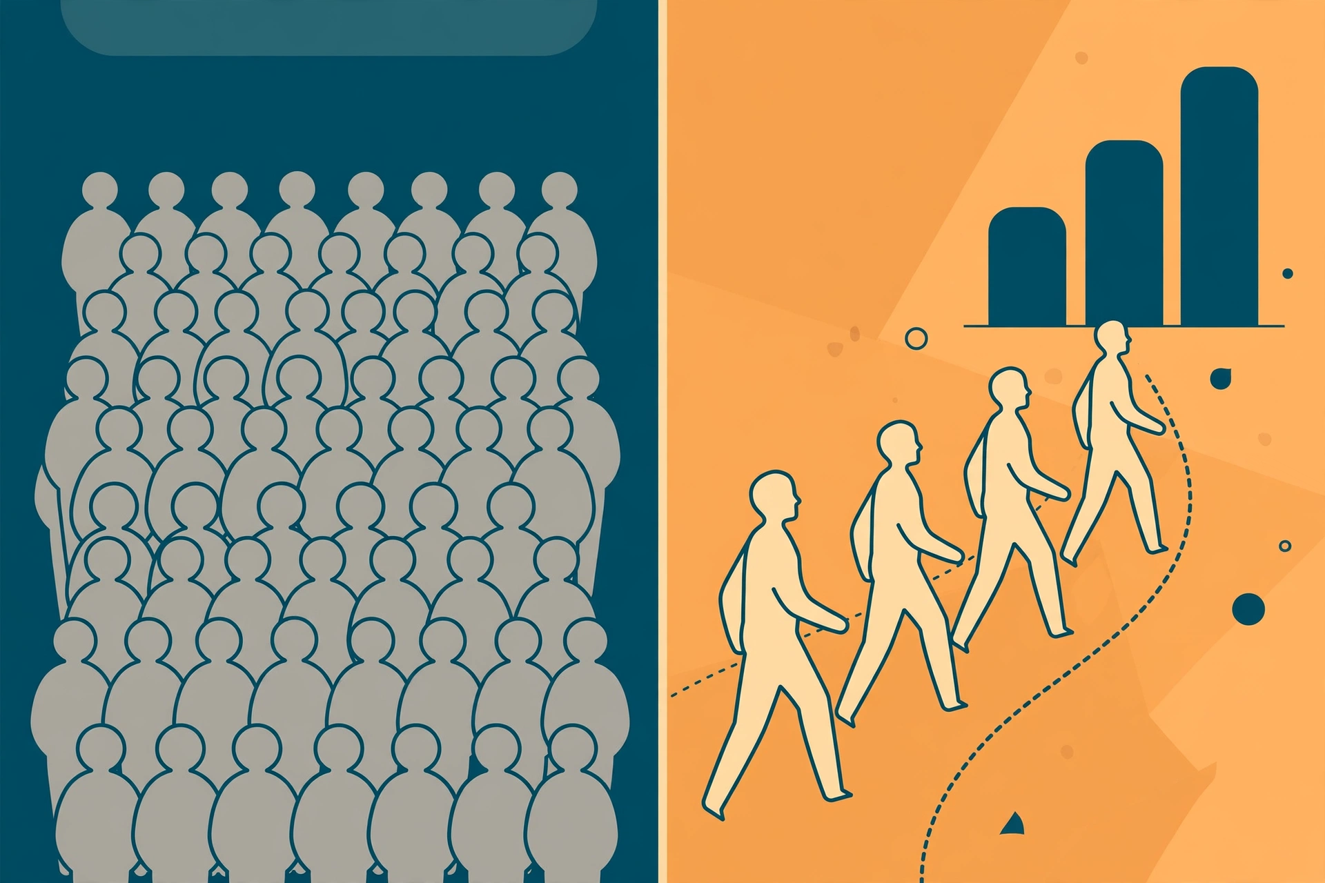 Illustration comparing a crowded lane full of identical job seekers with an open lane where a few marketers walk toward rising growth bars