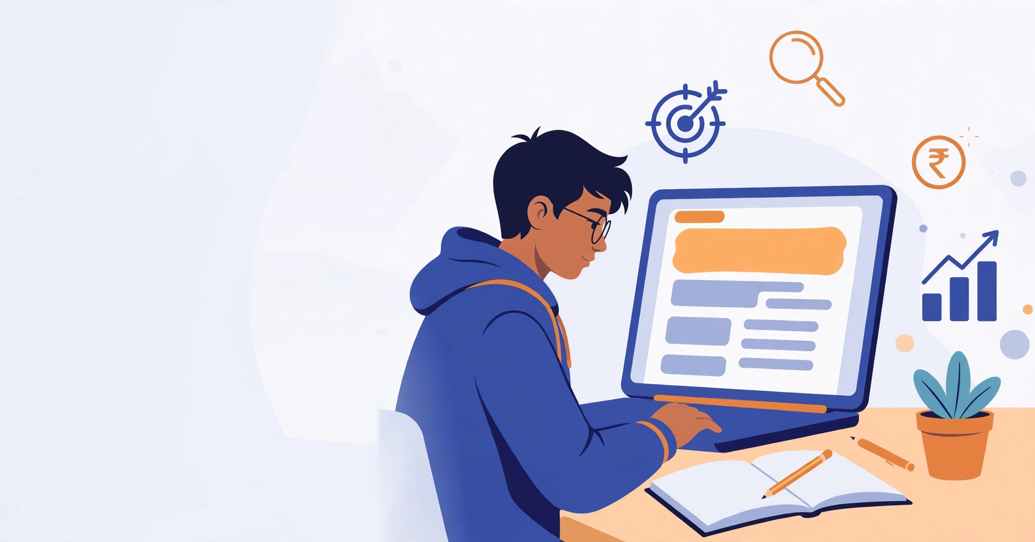 Flat illustration of an Indian student learning Google Ads on a laptop, with search ad, rupee coin, target and growth chart icons