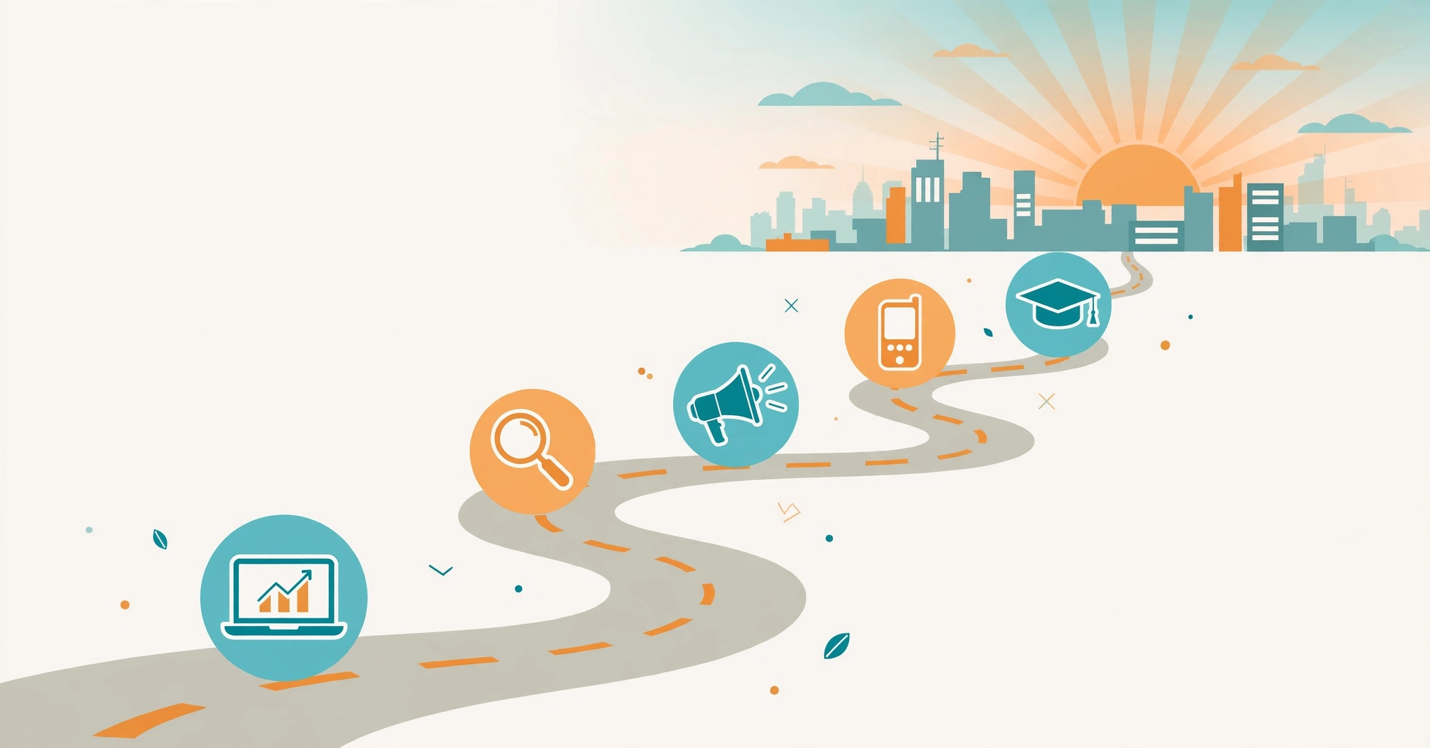 Illustration of a digital marketing career roadmap with skill icons leading toward a city skyline