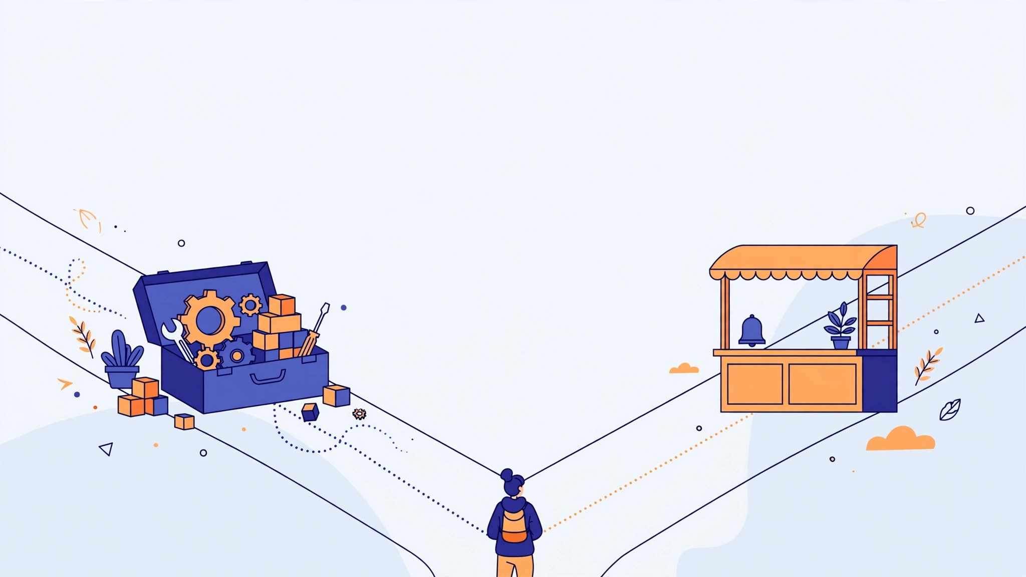 Illustration of a beginner at a fork in the road choosing between self-hosted WordPress.org and managed WordPress.com