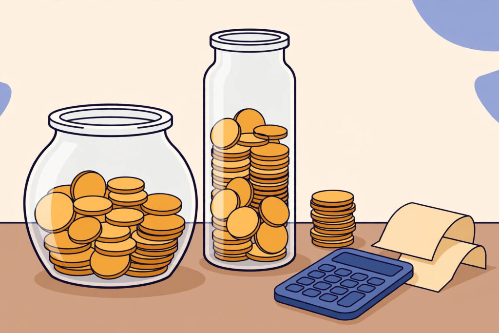 Illustration of coin jars and a calculator representing the true first-year cost of a website in India